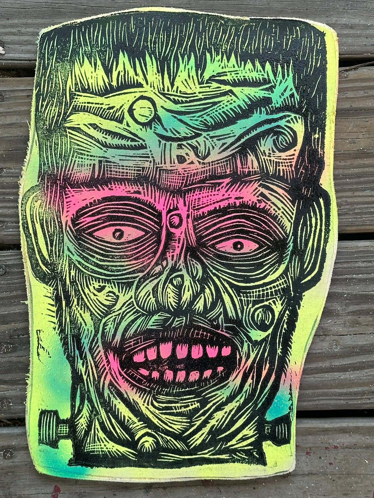 Frankenstein Woodcut Printed on Wooden Panel