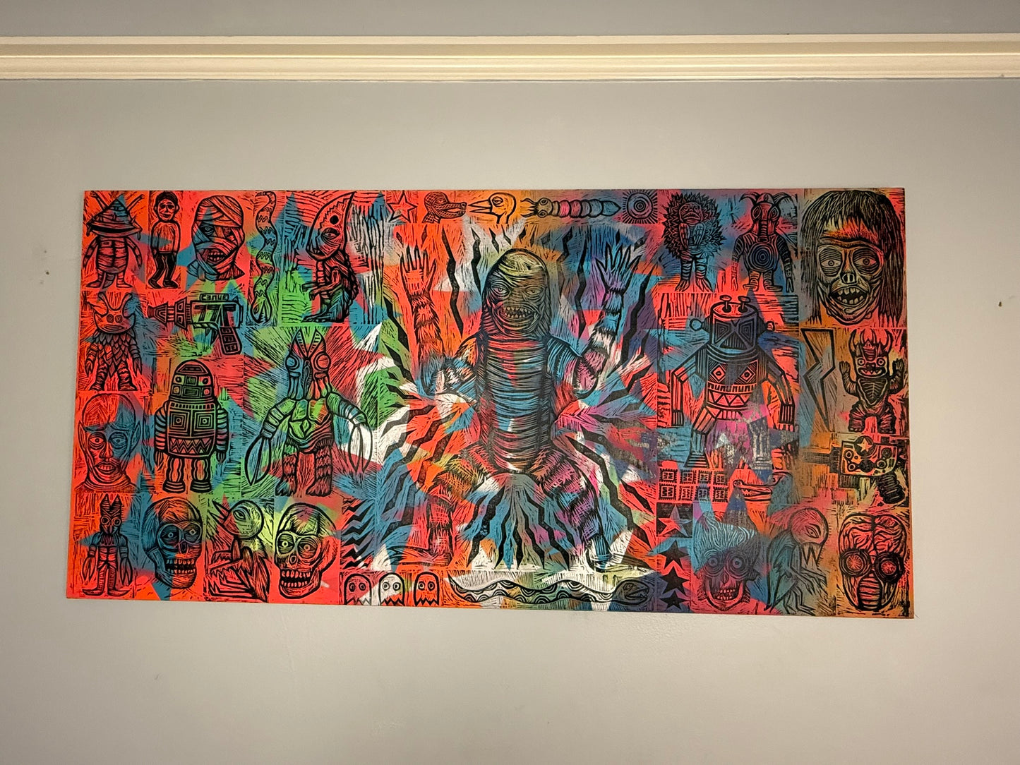 Yesterday's Party Woodcuts printed on Painted Wooden Panel 24" x 48"