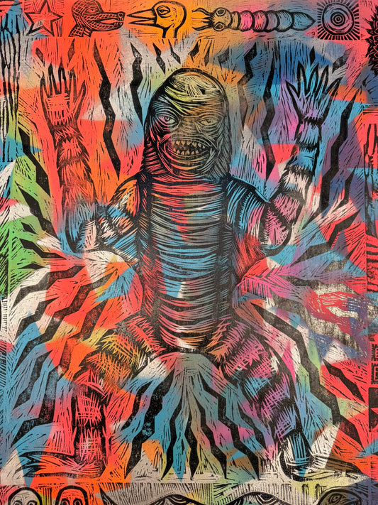 Yesterday's Party Woodcuts printed on Painted Wooden Panel 24" x 48"