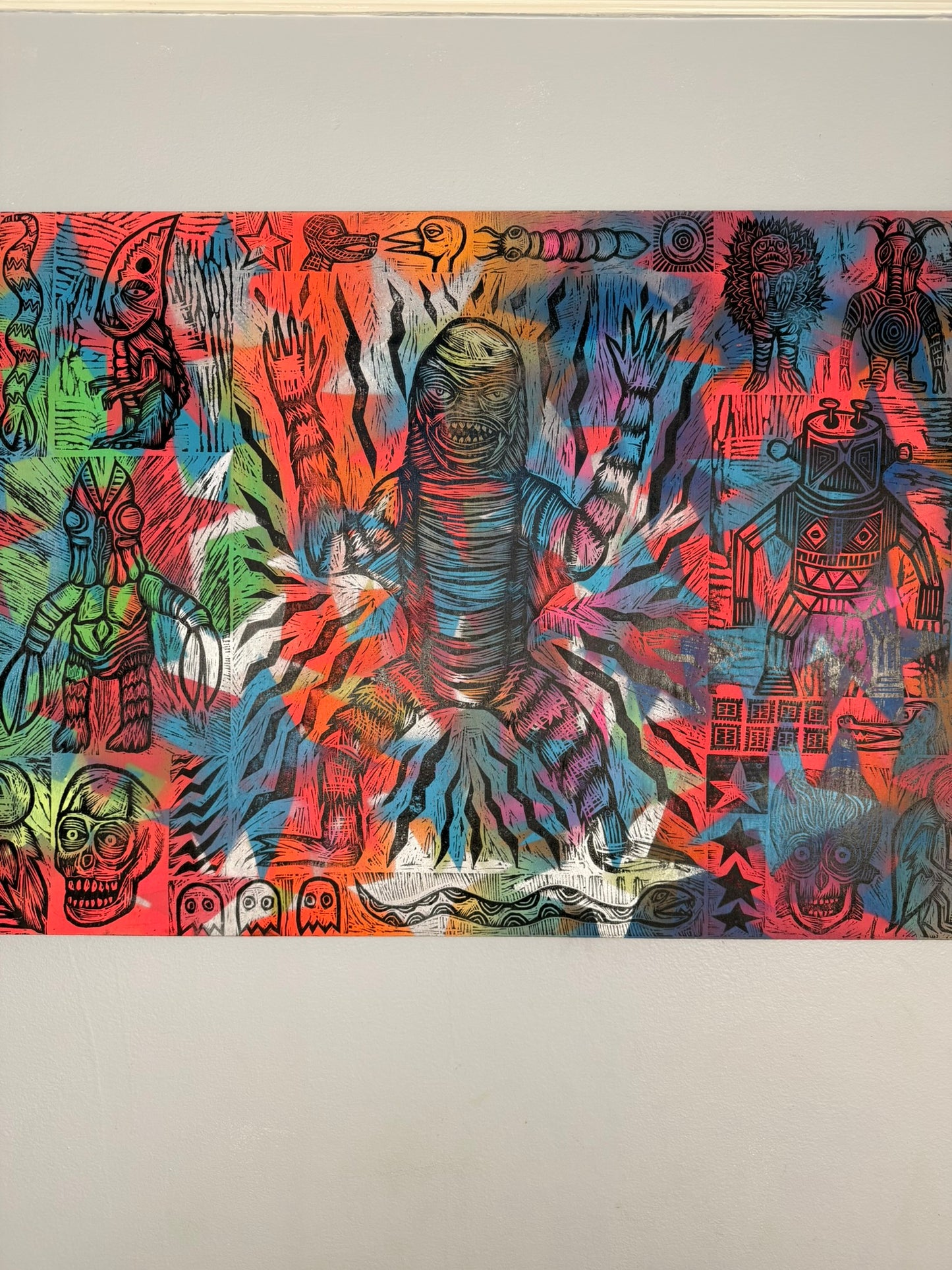 Yesterday's Party Woodcuts printed on Painted Wooden Panel 24" x 48"