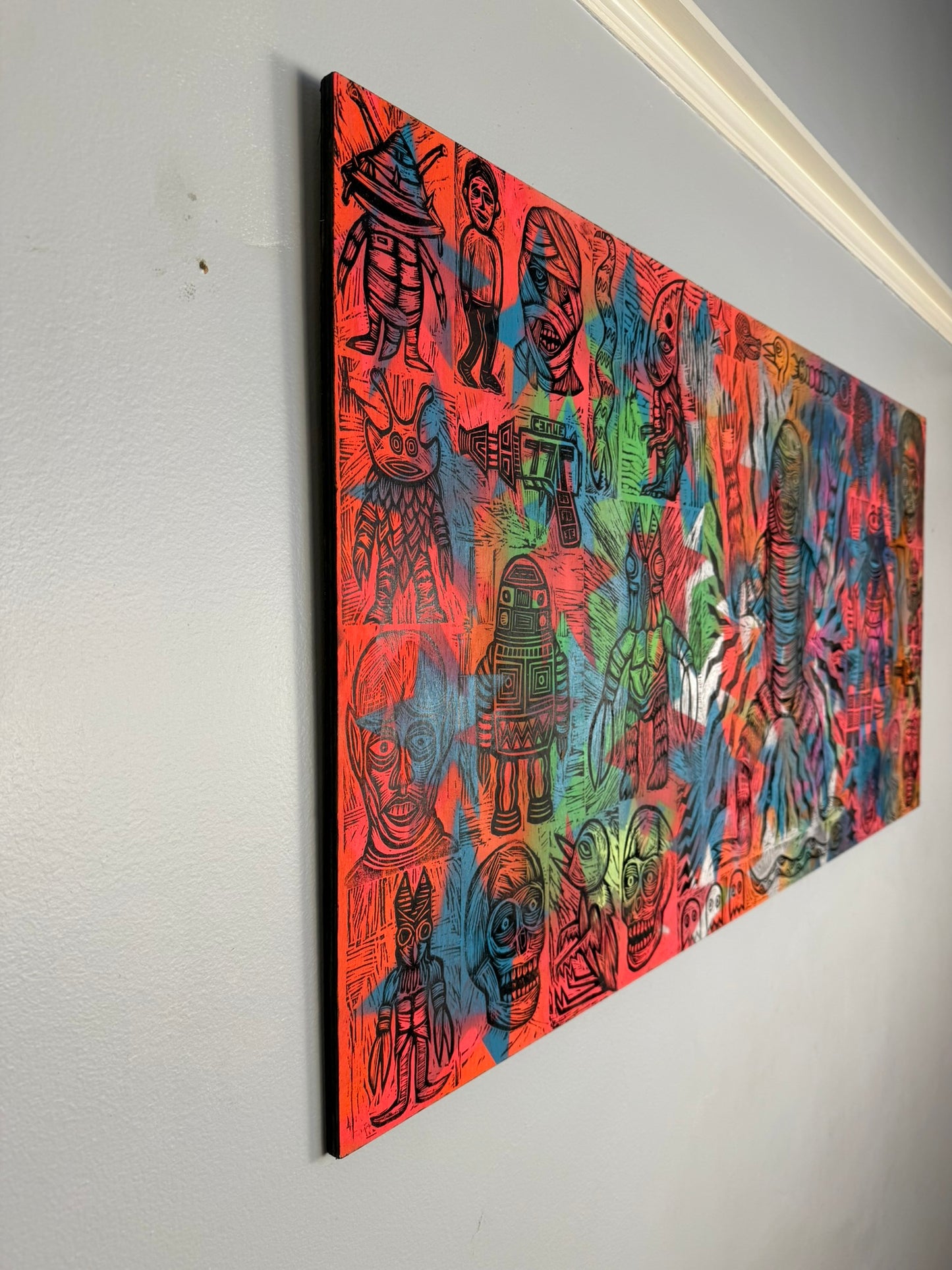 Yesterday's Party Woodcuts printed on Painted Wooden Panel 24" x 48"