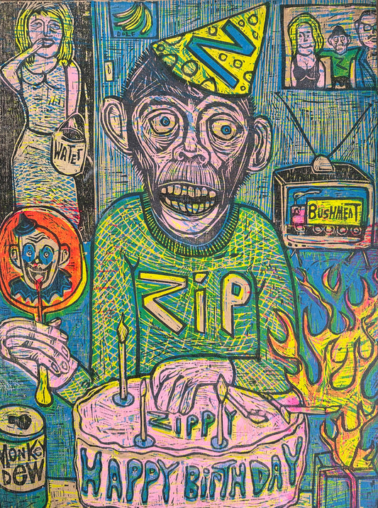 Zippy The Chimp Woodcut On Birch Panel