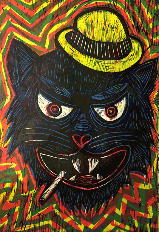 Tough Cat Color Woodcut Handpulled Print