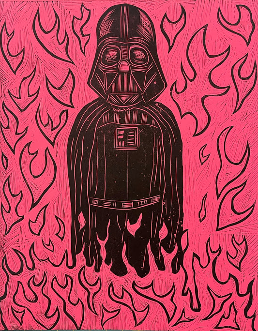 Flaming Vader Handprinted Woodcut