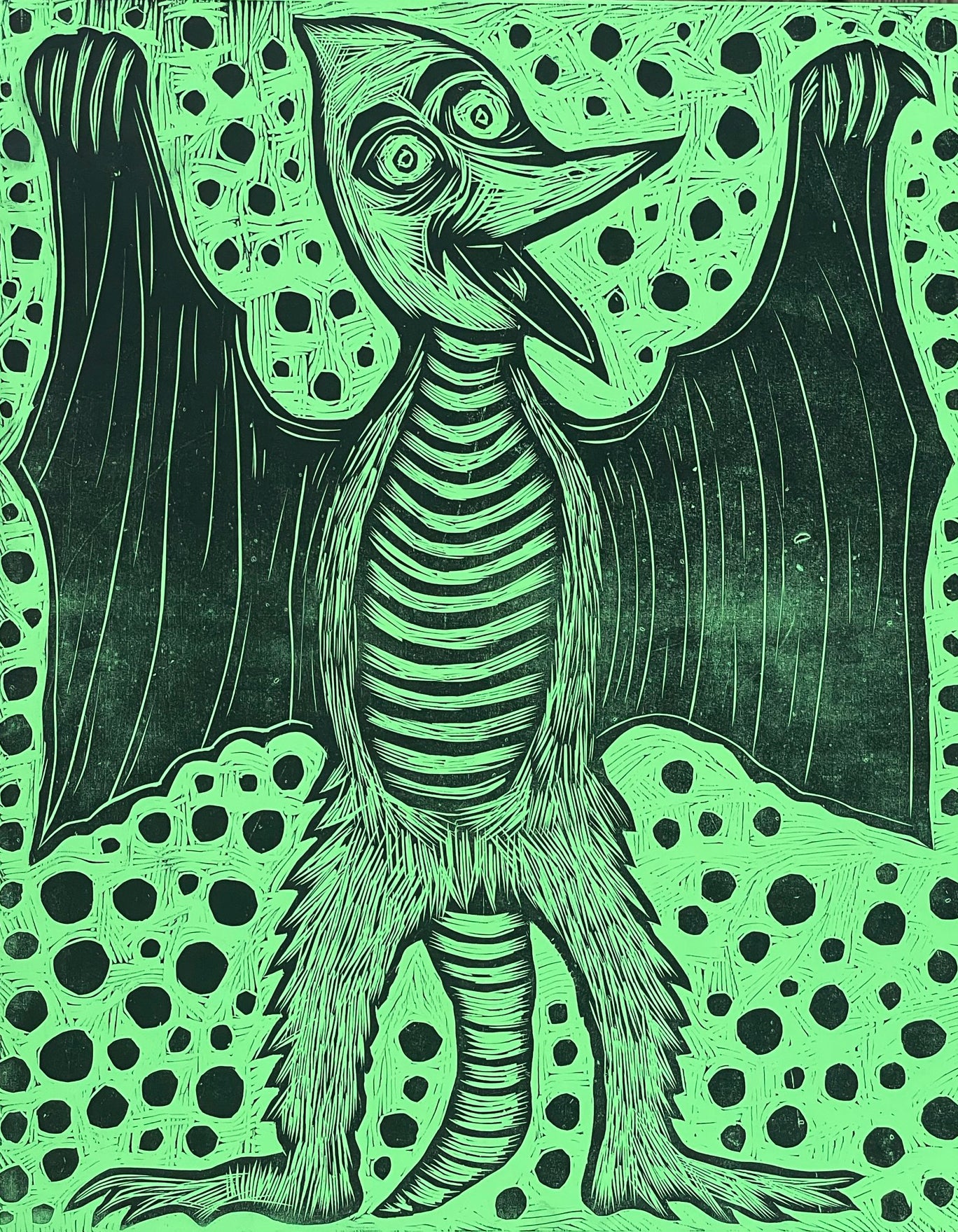 Prehistoric Bat Woodcut Handpulled Print