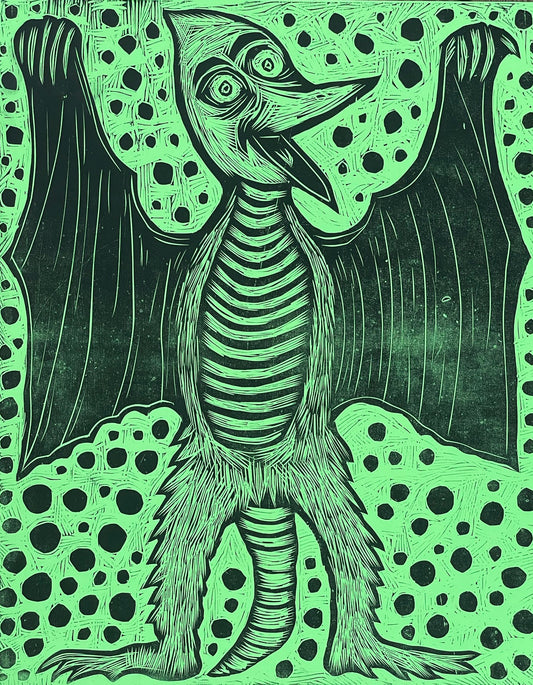 Prehistoric Bat Woodcut Handpulled Print