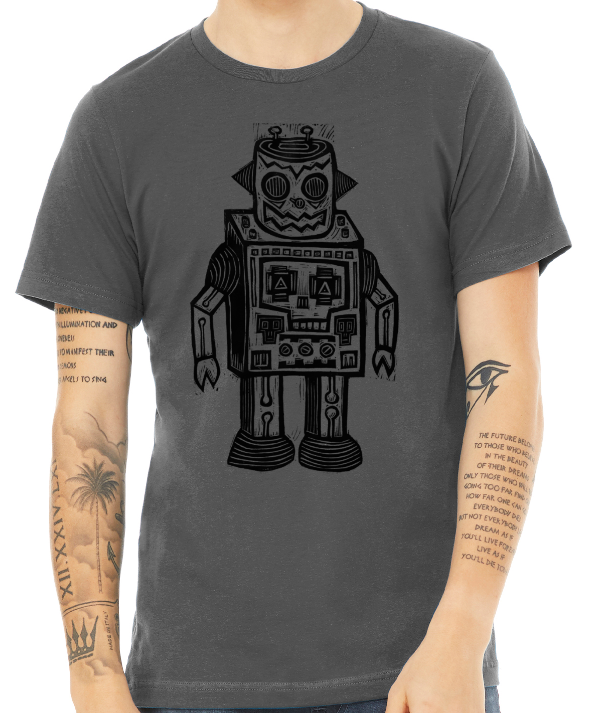 Skull Robot Linocut Handprinted T-Shirt