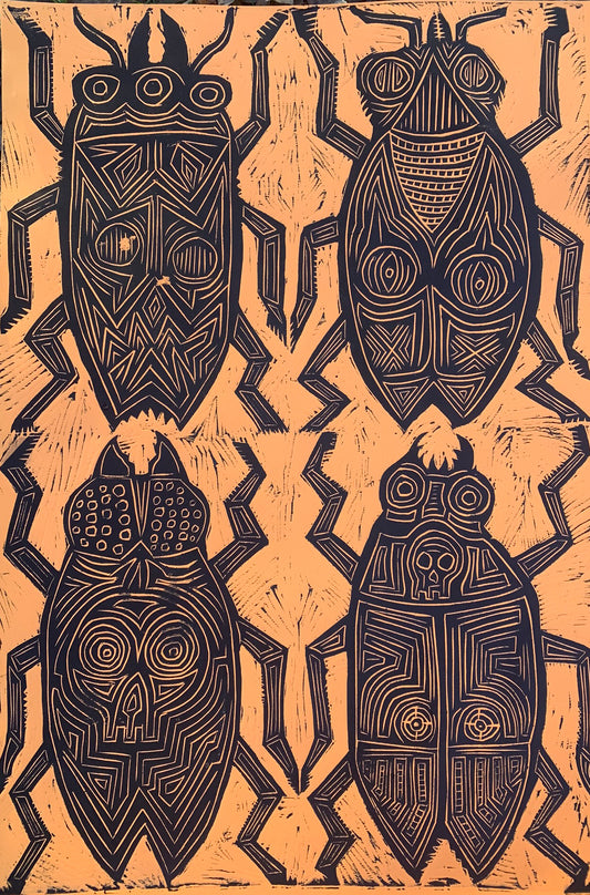 Beetles Woodcut Handpulled Print
