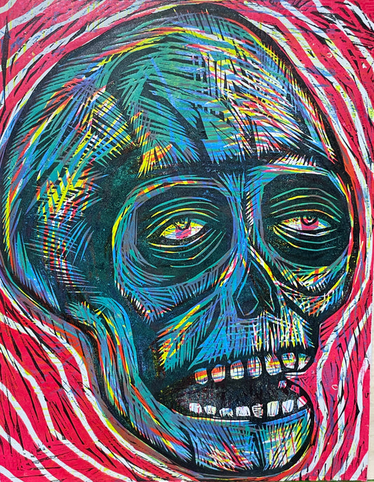 Blue Skull Multi color Woodcut Handpulled Print