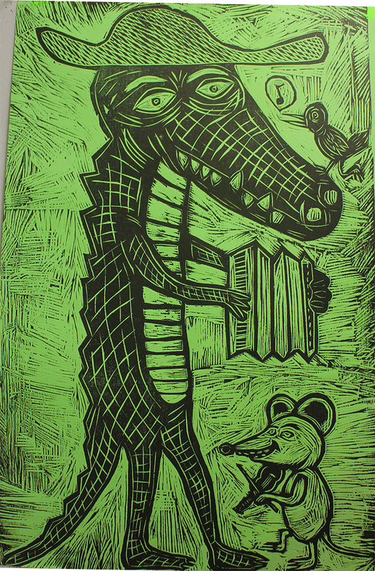 Cajun Gator Handprinted Woodcut