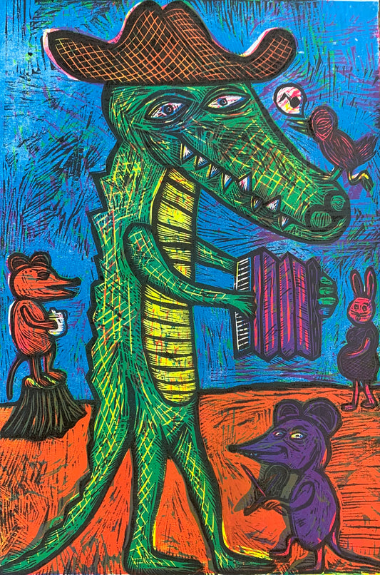Cajun Gator Color Woodcut Handpulled Print