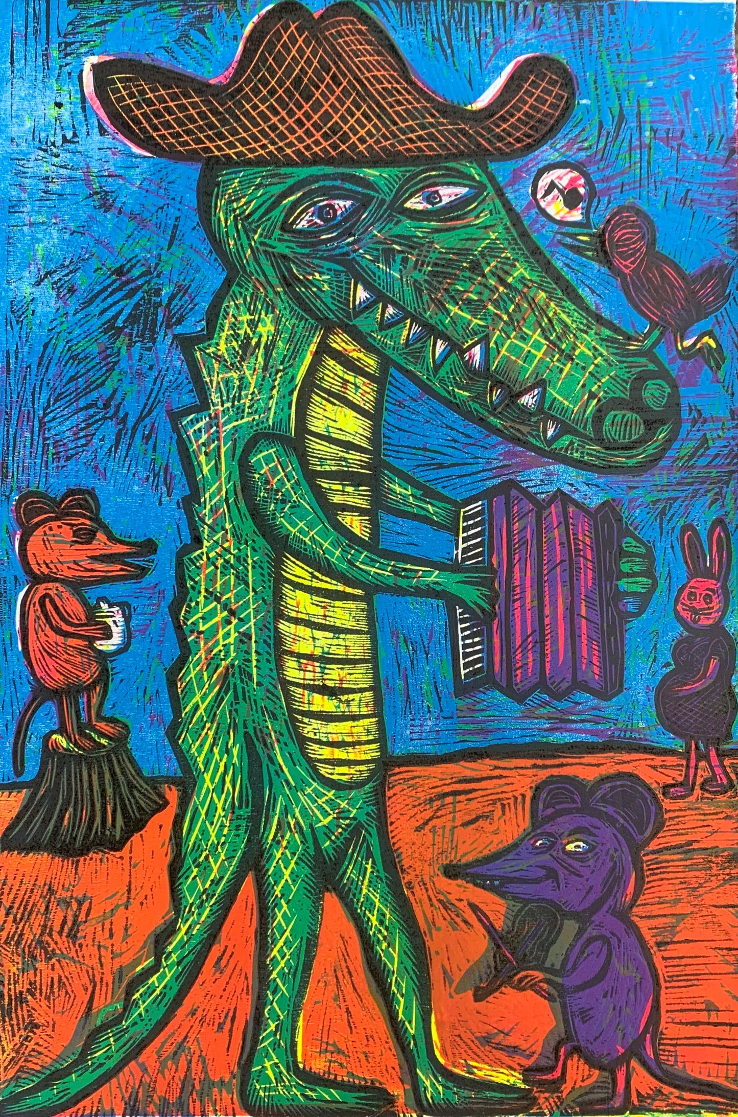 Cajun Gator Color Woodcut Handpulled Print