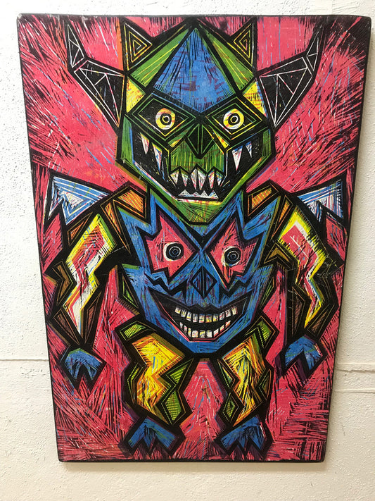 Battle Master Woodcut Handprinted on Wooden Panel