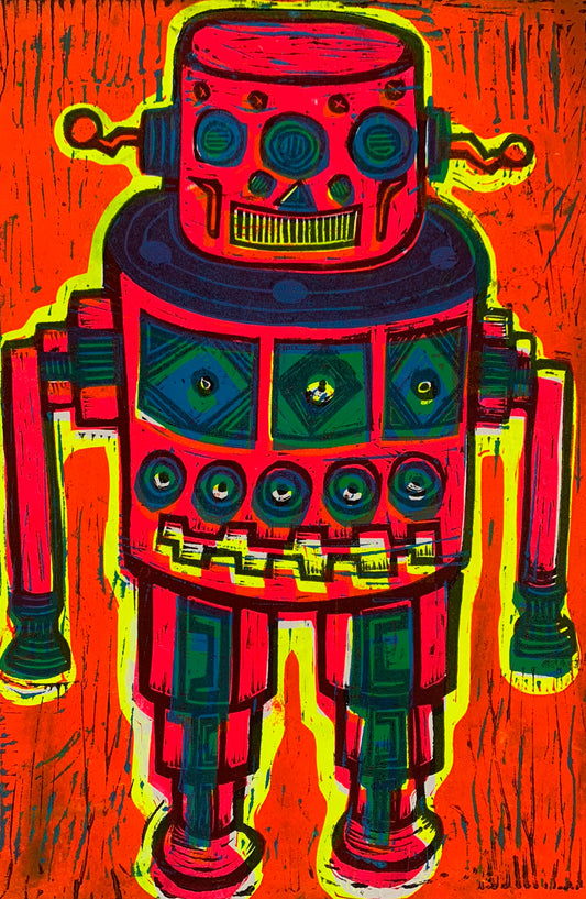 Red Robot Linocut Editioned Print
