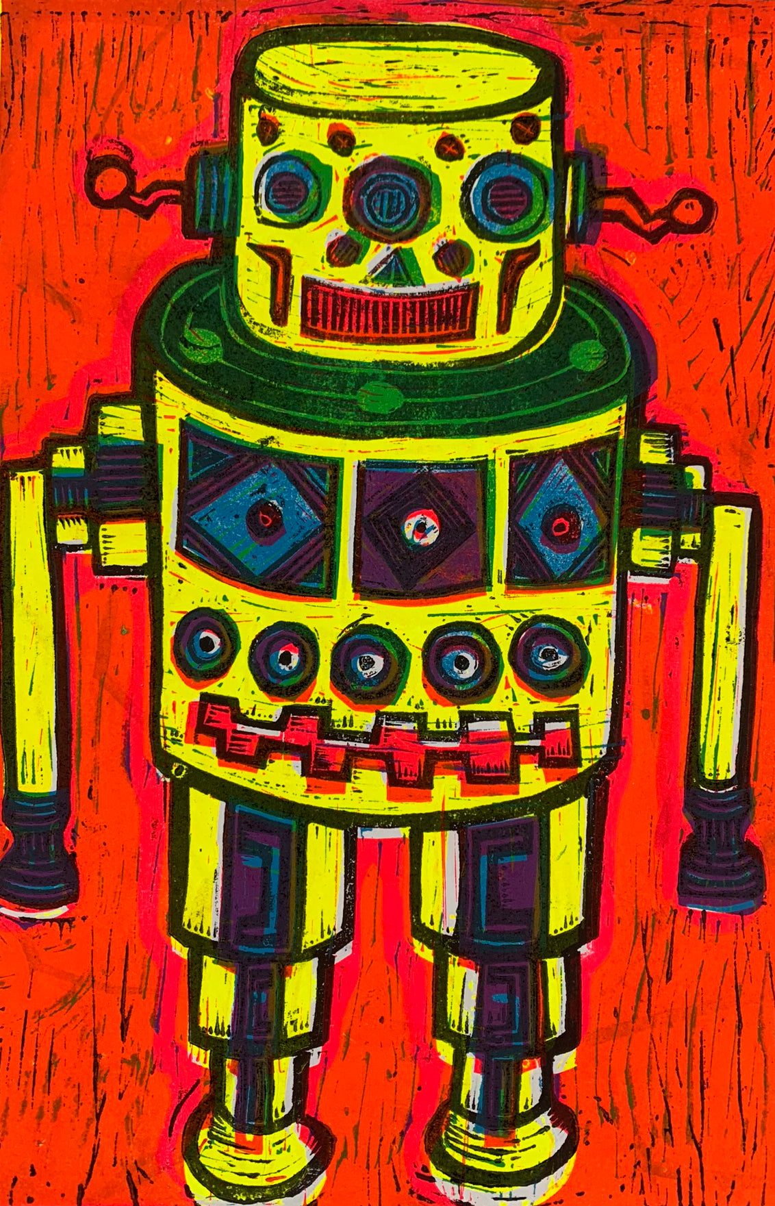 Yellow Robot Linocut Editioned Print