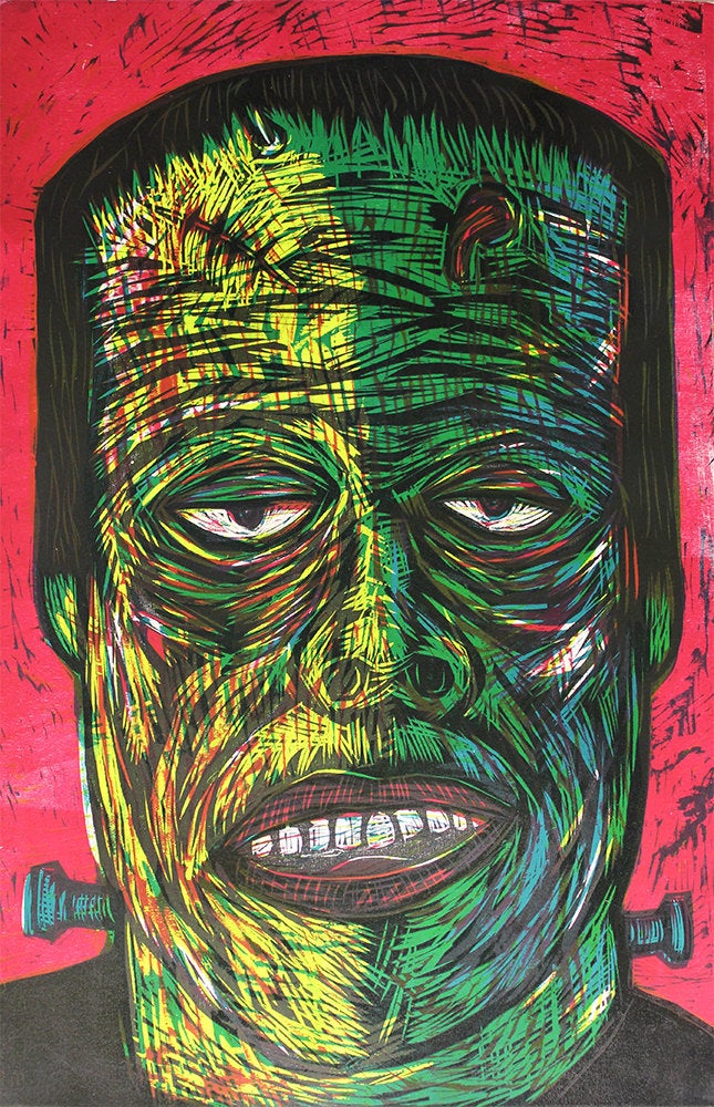Frankenstein Multi Color Handprinted Woodcut Print