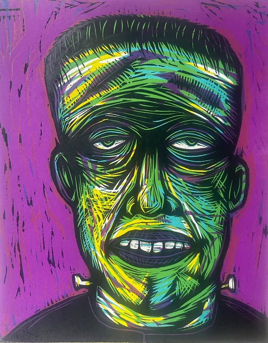 Frankenstein Kid Handprinted Multi Color Woodcut