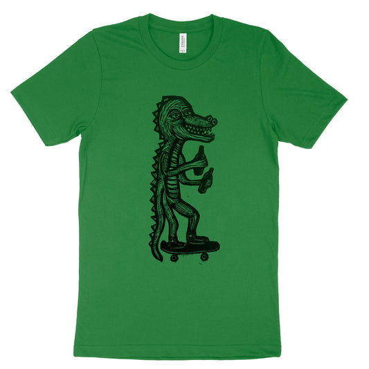 Skating Gator Woodcut Handprinted T-Shirt