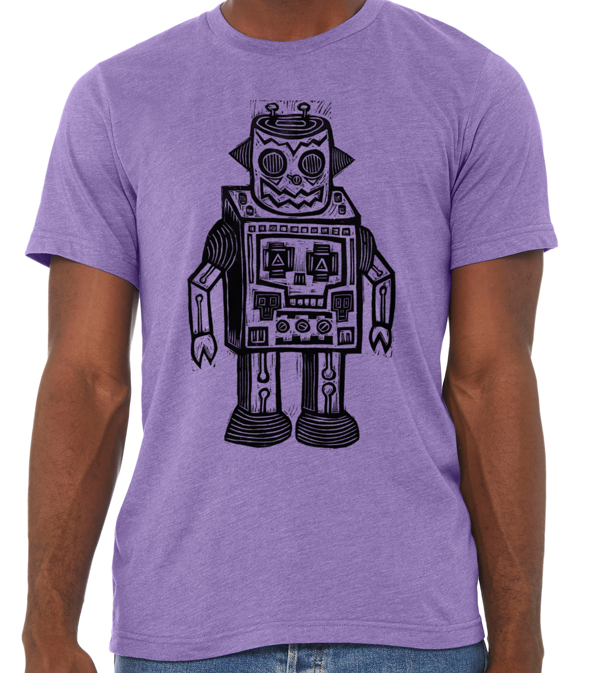 Skull Robot Linocut Handprinted T-Shirt