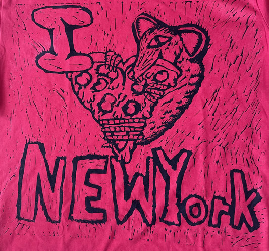 I Love New York Pizza Rat Linocut Handprinted T-Shirt by Vivi