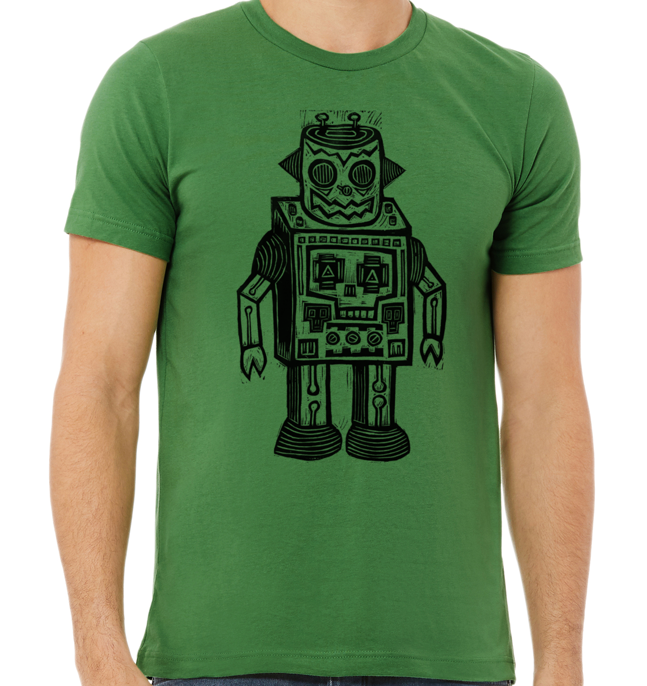 Skull Robot Linocut Handprinted T-Shirt