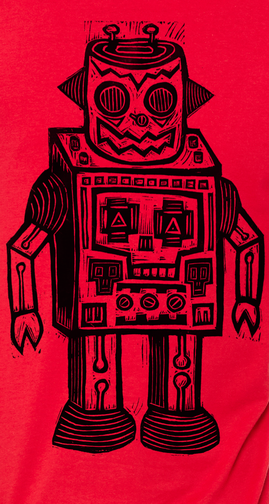 Skull Robot Linocut Handprinted T-Shirt