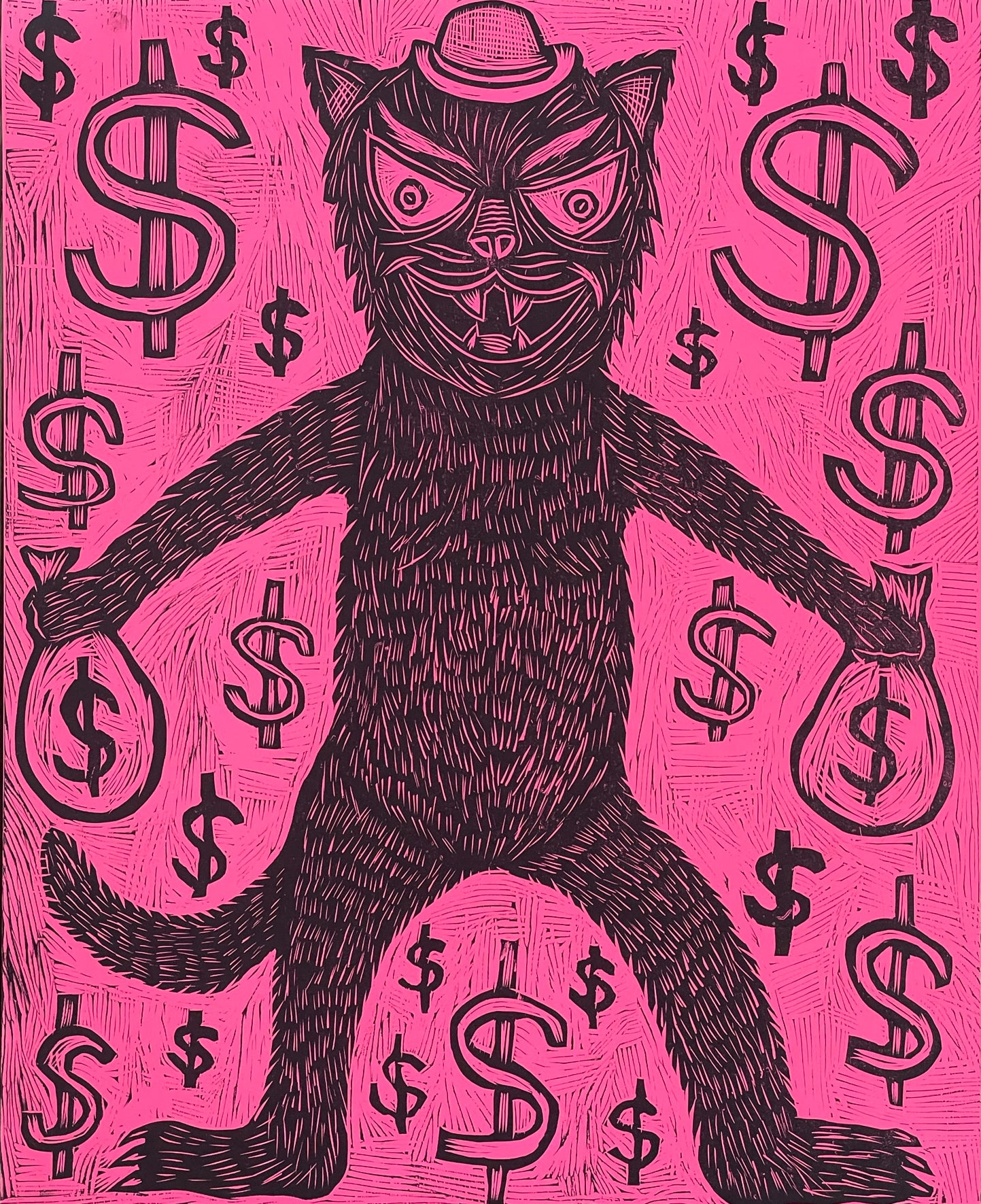 Moneybags Cat Woodcut Handpulled Print