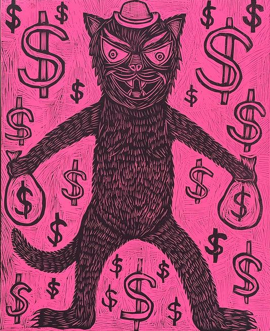 Moneybags Cat Woodcut Handpulled Print