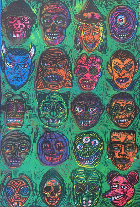 Monster Faces Color Woodcut 2020 edition Handpulled Print