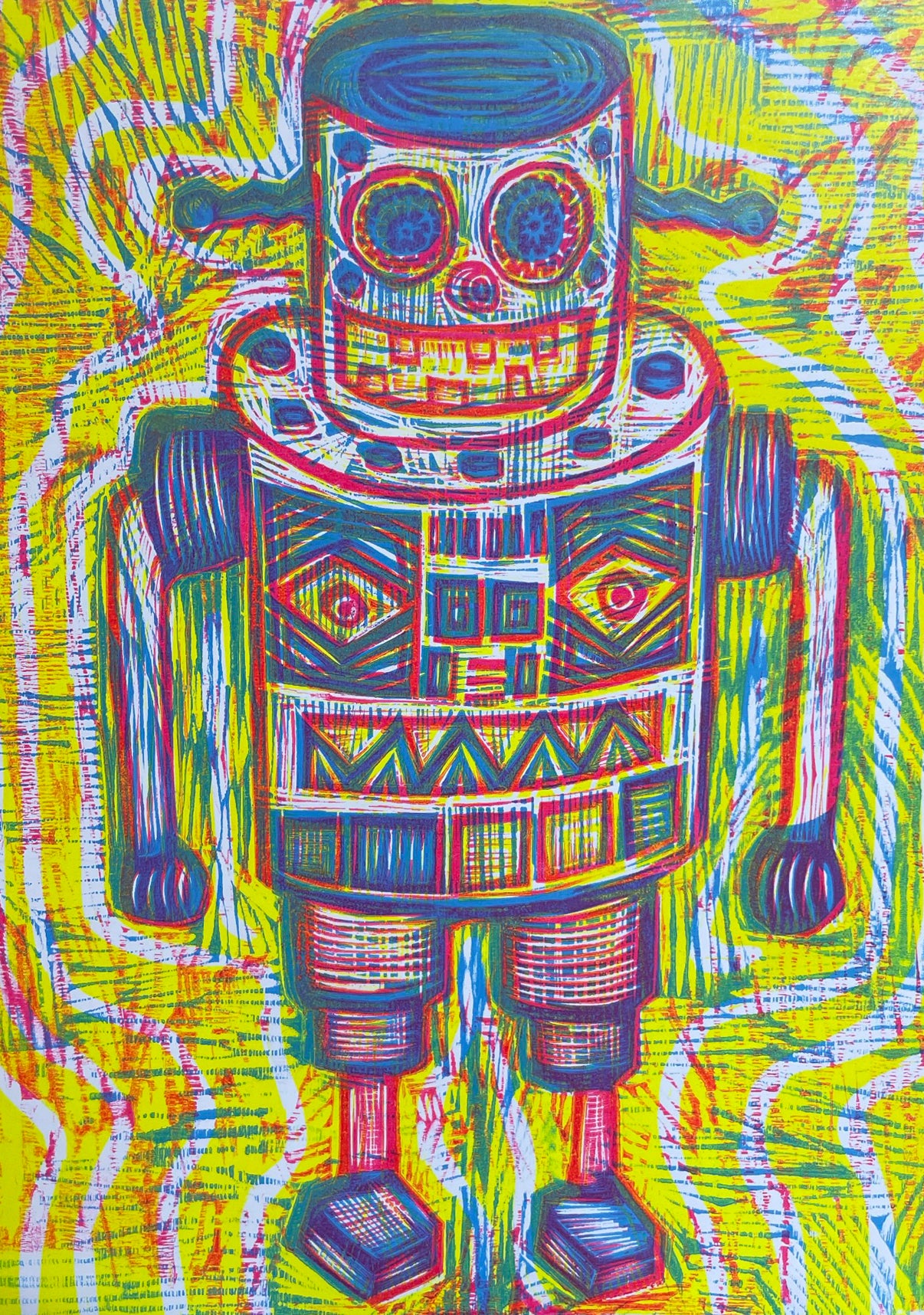 Mr Mercury Robot Multi Color Woodcut Handpulled Print