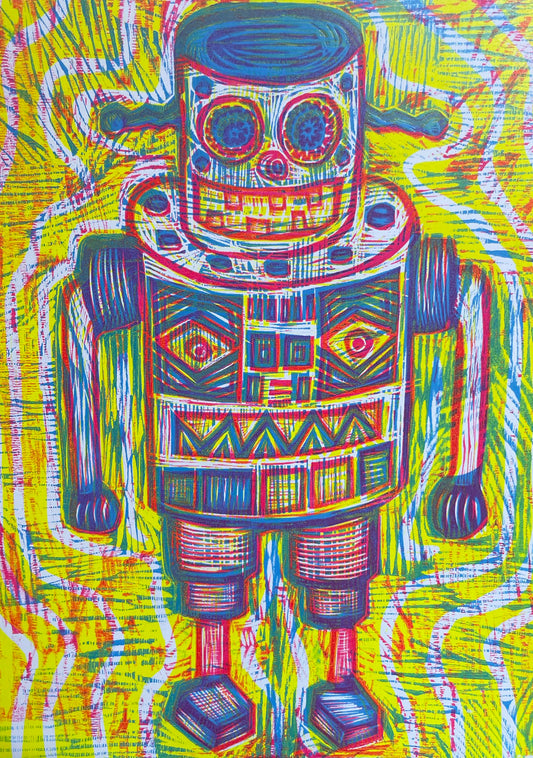 Mr Mercury Robot Multi Color Woodcut Handpulled Print