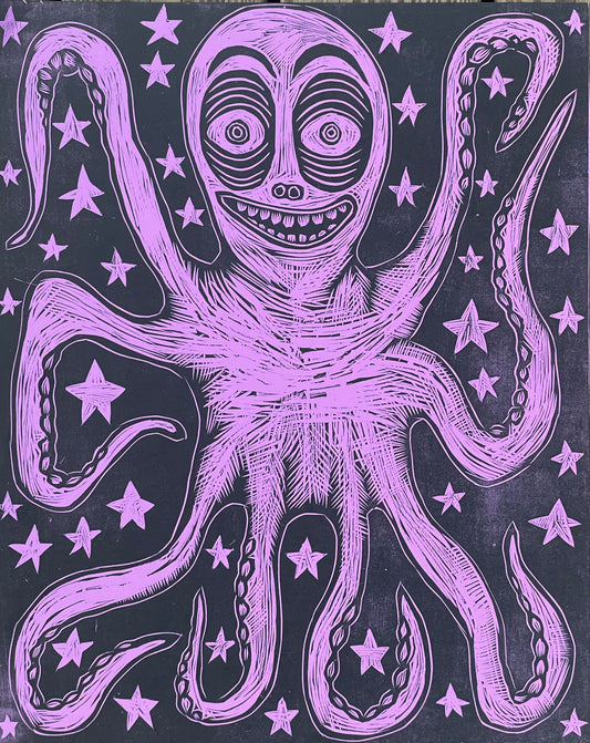 Octopus Woodcut Handpulled Print