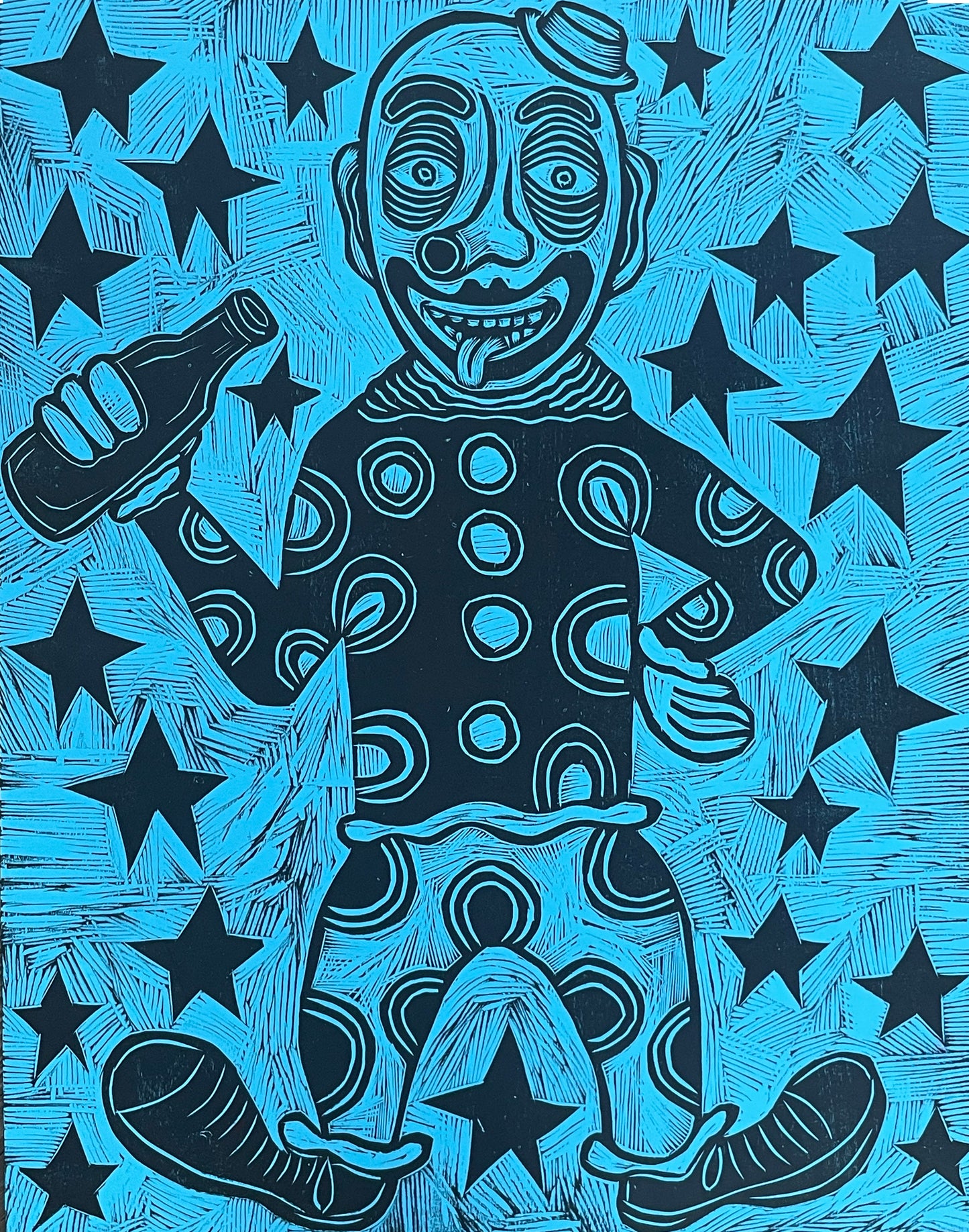 Polka Dot Clown Woodcut Handpulled Print