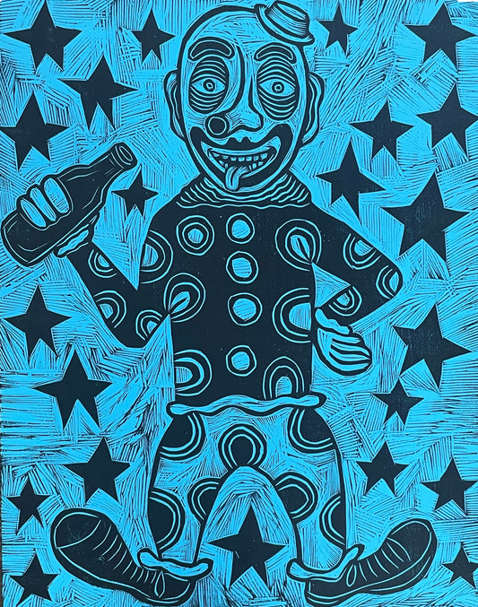 Polka Dot Clown Woodcut Handpulled Print