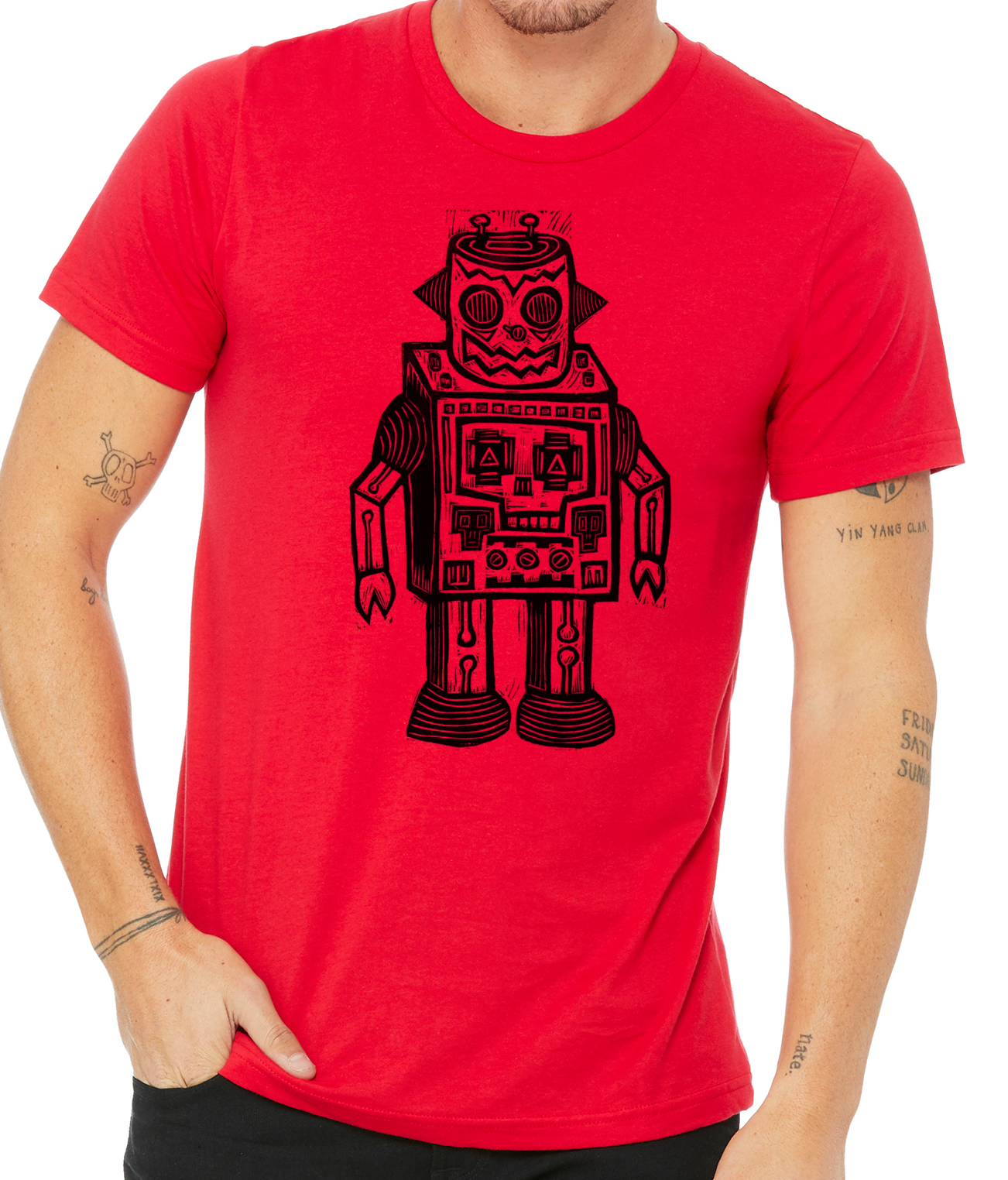 Skull Robot Linocut Printed T-Shirt