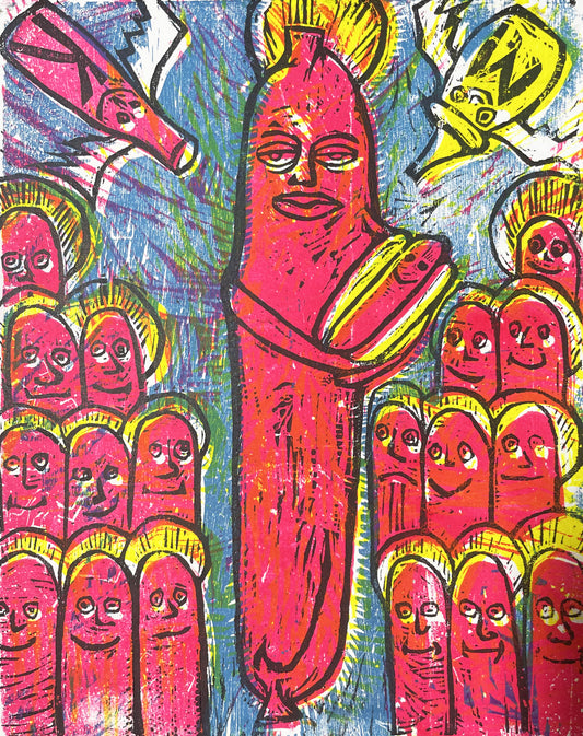 Renaissance Hot Dogs Multi Color Hanpulled Woodcut Print