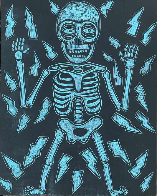 Skeleton Woodcut Handpulled Print