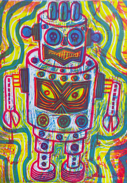 Space Warp Robot Color Handprinted Woodcut