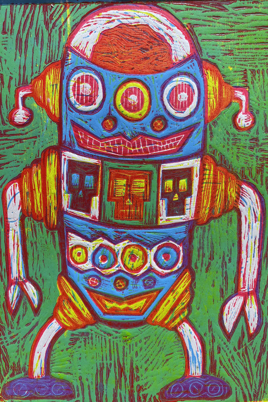 Smiling Robot Multi Color Woodcut Handpulled Print