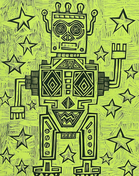 Star Robot Woodcut Handpulled Print
