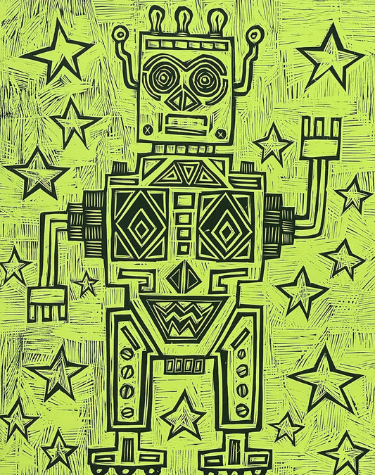 Star Robot Woodcut