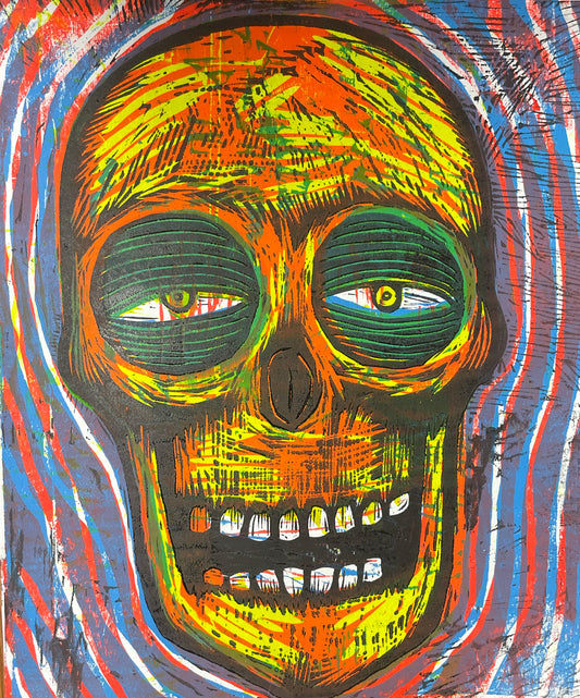 Straight Skull (Yellow) Woodcut Multi Color Handpulled Print