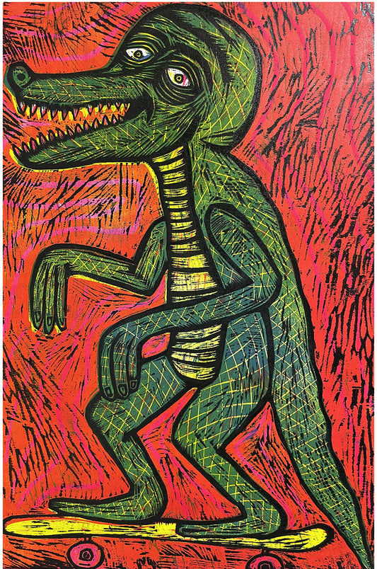 Skate Gator Multi color Handpulled Woodcut Print