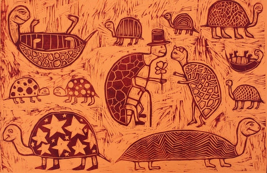 Turtles Handprinted Woodcut Print