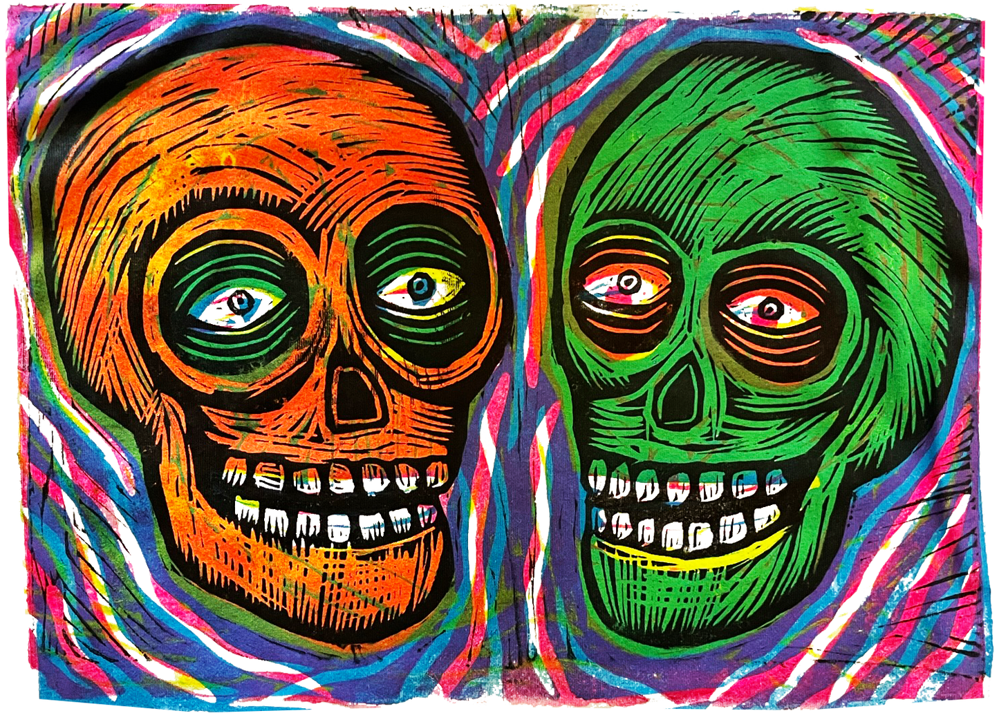 Twin Skulls Lino cut printed T-Shirt