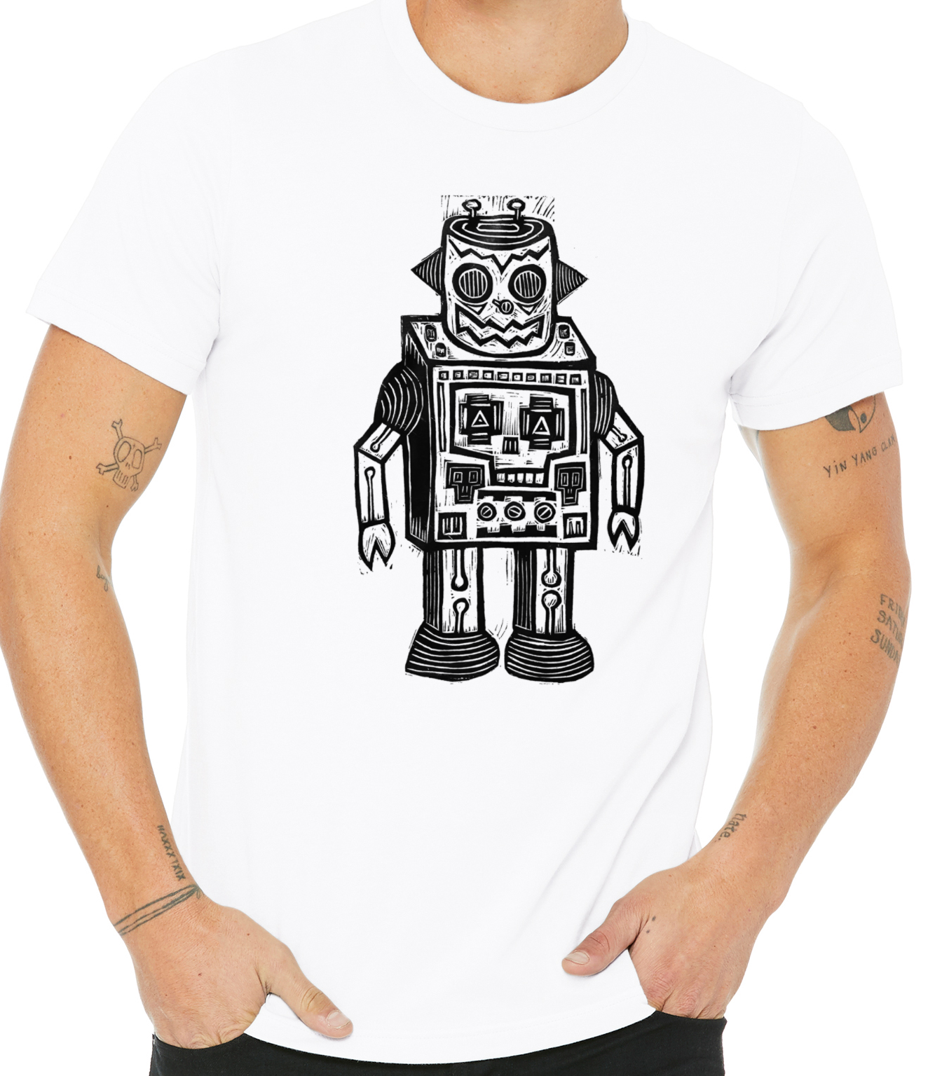 Skull Robot Linocut Printed T-Shirt