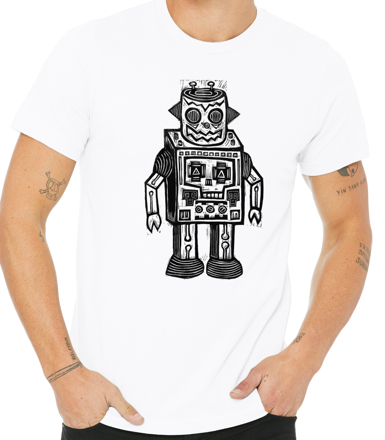 Skull Robot Linocut Handprinted T-Shirt