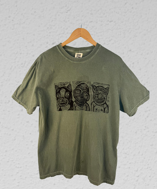 3 Animals Woodblock Handprinted T-Shirt