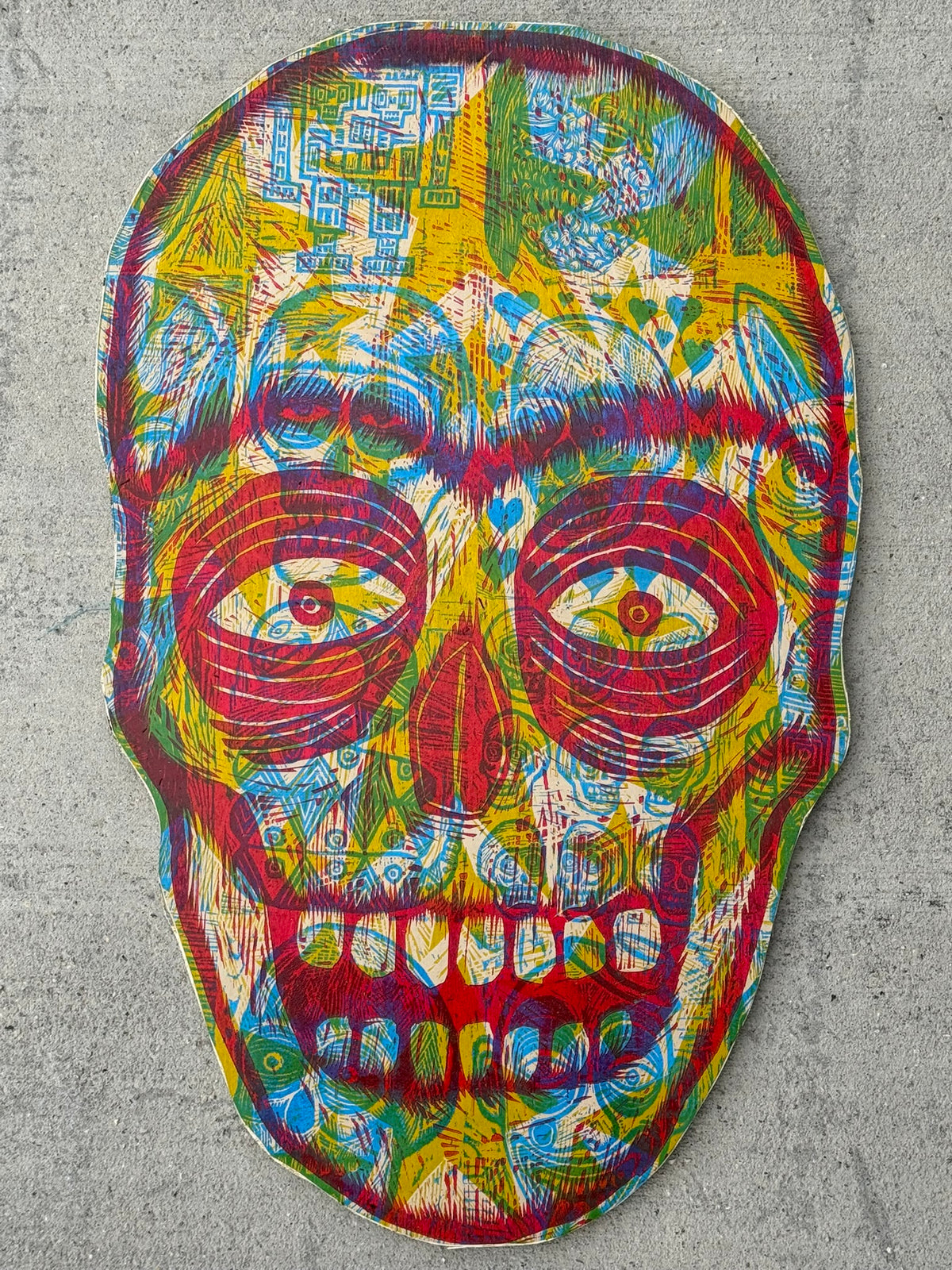 3 Color Big Radiant Skull Woodcut handprinted on Wooden Panel 20" x 30"