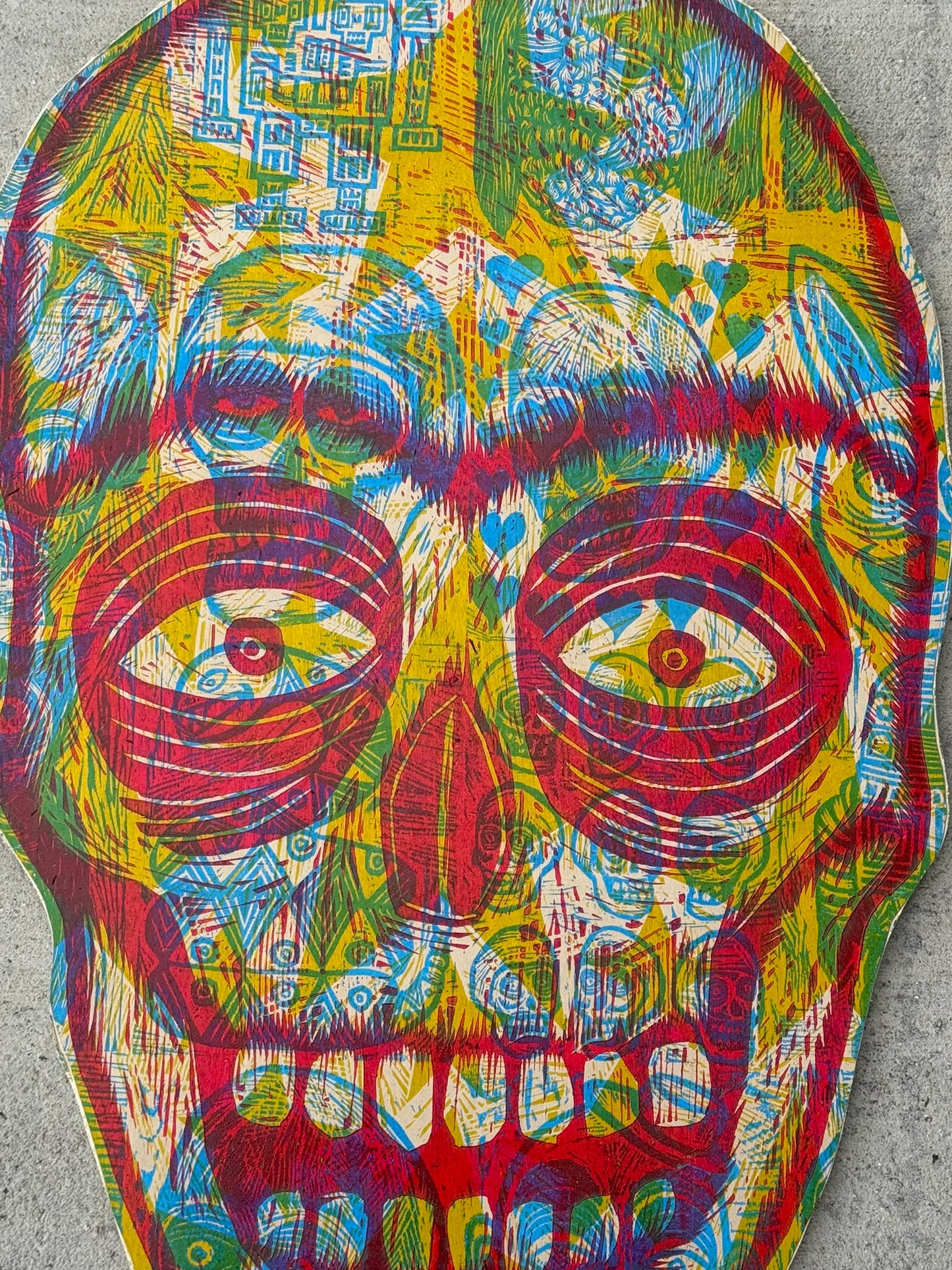 3 Color Big Radiant Skull Woodcut handprinted on Wooden Panel 20" x 30"
